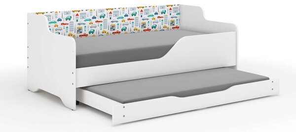 LILU gyerekágy laminált oldalakkal, 160x80 cm-es, kihúzható ágyneműtartóval, matraccal és autó mintával, 140x70 cm-es matraccal együtt