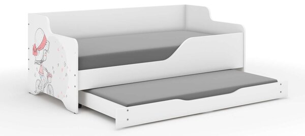 LILU gyerekágy laminált előlappal, 160x80cm, matraccal és kihúzható ágyneműtartóval, beépített 140x70 cm-es matraccal - biciklis lány kalappal