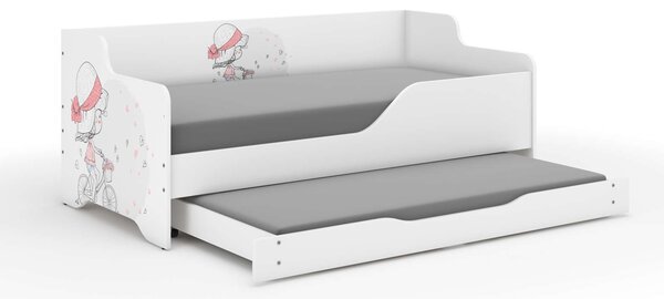 LILU gyermekágy laminált előlappal és oldallappal, 160x80cm, matraccal és kihúzható ágyneműtartóval, melyben egy 140x70 cm-es matrac is elfér - kerékpáros lány kalappal
