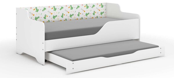 LILU gyerekágy laminált oldalakkal 160x80cm matraccal és ágyneműtartóval, kihúzható 140x70 cm-es matraccal - dínós
