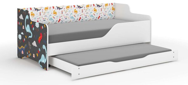 LILU gyermekágy laminált előlappal és oldallal, 160x80cm, matraccal és ágyneműtárolóval, kihúzható, belső 140x70 cm-es matraccal - színes dinoszauruszok