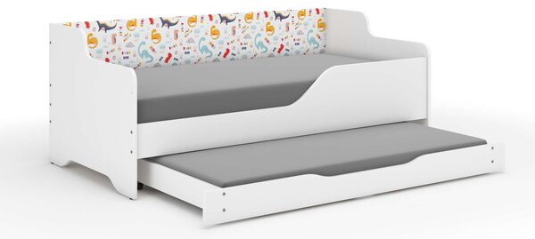 LILU gyerekágy laminált oldalakkal, 160x80cm, matraccal és ágyneműtároló hellyel, 140x70 cm-es matraccal együtt - színes dinoszauruszok