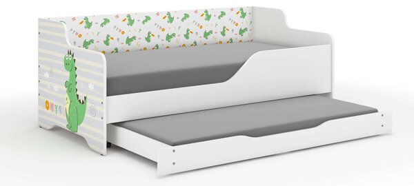 LILU laminált előlapos és oldallapos gyerekágy, 160x80 cm, matraccal és ágyneműtartóval, kihúzható, 140x70 cm-es belső matraccal - dínós