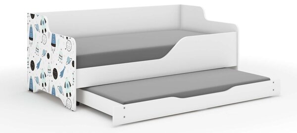 LILU gyerekágy laminált fronttal160x80cm matraccal és ágyazható ágyneműtartóval benne 140x70 cm matraccal - űrhajós