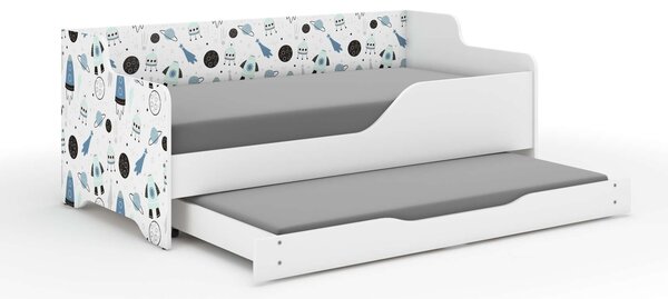 LILU gyermekágy laminált előlappal és leesésgátlóval, 160x80 cm-es mérettel, matraccal és ágyneműtároló hellyel - 140x70 cm-es matraccal - űrhajós mintával