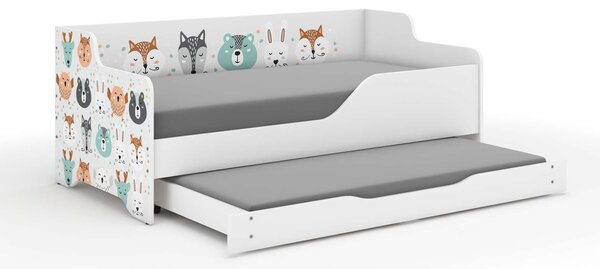 LILU gyerekágy laminált fronttal és oldallal 160x80cm matraccal és ágyazható ágyneműtartóval benne 140x70 cm matraccal - erdei állatok