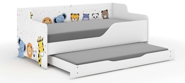 LILU gyerekágy laminált fronttal és oldallal 160x80cm matraccal és ágyazható ágyneműtartóval benne 140x70 cm matraccal - mini zoo