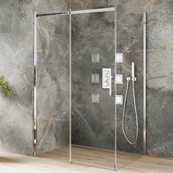 Mexen Omega aszimmetrikus szögletes tolóajtós zuhanykabin 8 mm vastag vízlepergető biztonsági üveggel, krómozott elemekkel, 190 cm magas