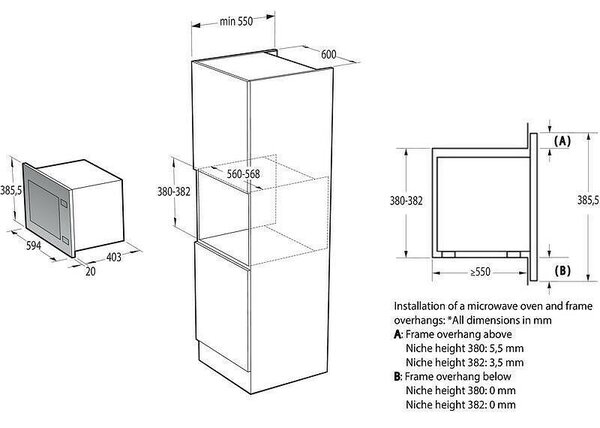Gorenje BMI251SG3BG Beépíthető mikrohullámú sütő, 25L, 900W, 5 fokozat, AquaClean, SmartDisplay