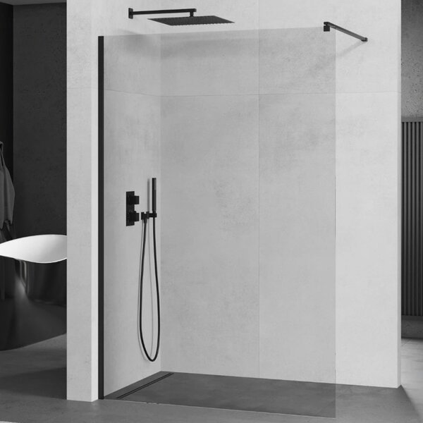 Mexen Kioto Black Walk-In Nano 100x200, 100 cm széles univerzális zuhanyfal 8 mm vastag vízlepergető biztonsági üveggel, 200 cm magas, fekete