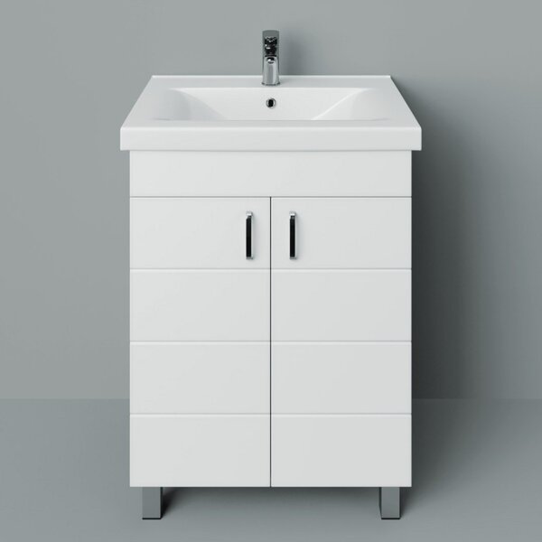 HD HÉRA 65 cm széles álló fürdőszobai mosdószekrény, fényes fehér, króm kiegészítőkkel, 2 soft close ajtóval, szögletes kerámia mosdóval