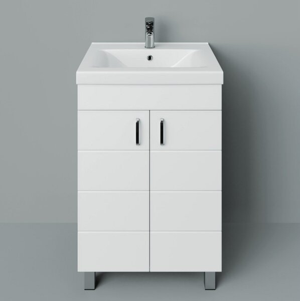 HD HÉRA 55 cm széles álló fürdőszobai mosdószekrény, fényes fehér, króm kiegészítőkkel, 2 soft close ajtóval, szögletes kerámia mosdóval