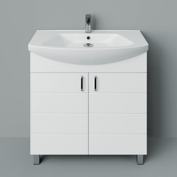HD MART 75 cm széles álló fürdőszobai mosdószekrény, fényes fehér, króm kiegészítőkkel, 2 soft close ajtóval, íves kerámia mosdóval