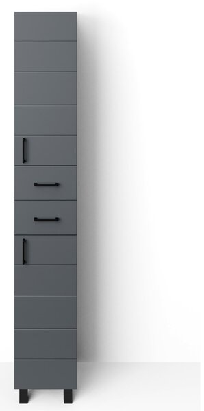 MART 30 cm széles polcos álló fürdőszobai magas szekrény, sötét szürke, fekete kiegészítőkkel, 2 soft close ajtóval és 2 fiókkal