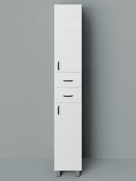 MART 30 cm széles polcos álló fürdőszobai magas szekrény, fényes fehér, króm kiegészítőkkel, 2 soft close ajtóval és 2 fiókkal