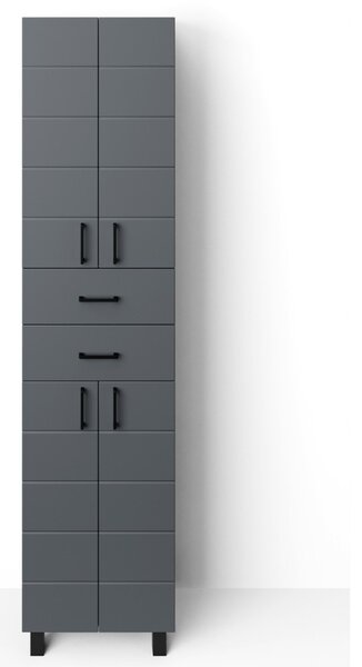 MART 45 cm széles polcos álló fürdőszobai magas szekrény, sötét szürke, fekete kiegészítőkkel, 4 soft close ajtóval és 2 fiókkal