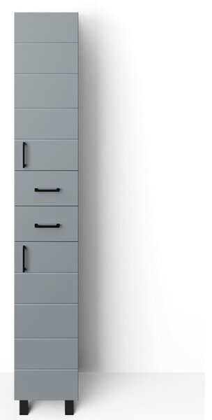 MART 30 cm széles polcos álló fürdőszobai magas szekrény, világos szürke, fekete kiegészítőkkel, 2 soft close ajtóval és 2 fiókkal