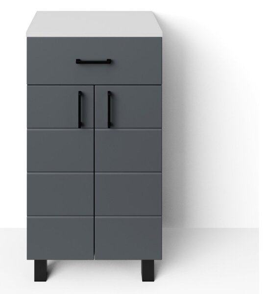 MART 45 cm széles polcos fürdőszobai kiegészítő alsó szekrény, sötét szürke, fekete kiegészítőkkel, 2 soft close ajtóval és 1 fiókkal
