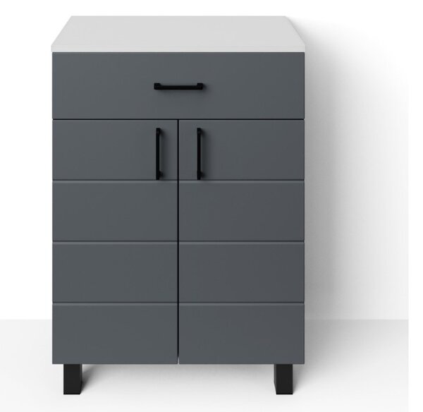 HD MART 60 cm széles polcos fürdőszobai kiegészítő alsó szekrény, sötét szürke, fekete kiegészítőkkel, 2 soft close ajtóval és 1 fiókkal