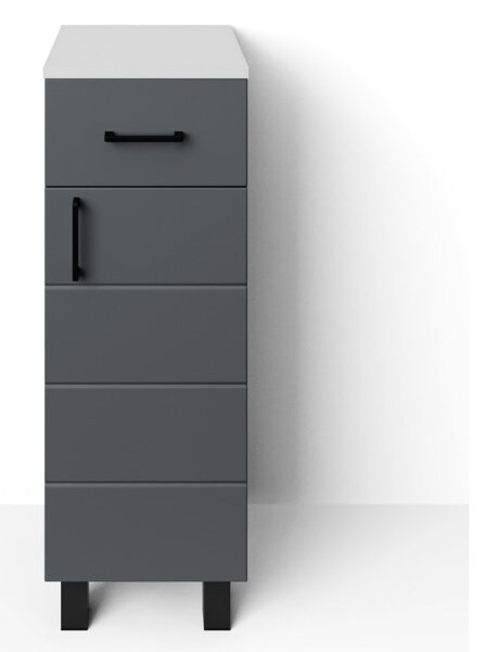 MART 30 cm széles polcos fürdőszobai kiegészítő alsó szekrény, sötét szürke, fekete kiegészítőkkel, 1 soft close ajtóval és 1 fiókkal