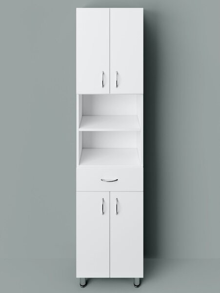 STANDARD 45/60 cm széles polcos álló fürdőszobai magas szekrény, fényes fehér, 4 ajtóval és 1 fiókkal