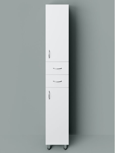 STANDARD 30 cm széles polcos álló fürdőszobai magas szekrény, fényes fehér, króm kiegészítőkkel, 2 ajtóval és 2 fiókkal
