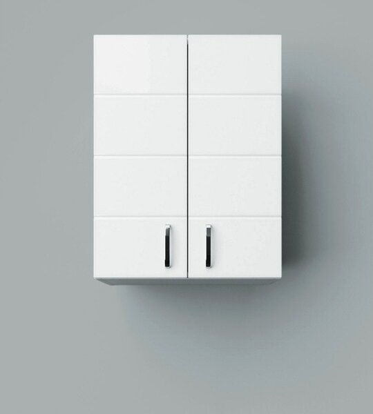 MART 60 cm széles polcos fürdőszobai fali szekrény, fényes fehér, króm kiegészítőkkel, 2 soft close ajtóval