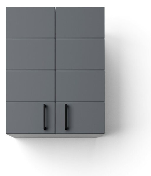 MART 45 cm széles polcos fürdőszobai fali szekrény, sötét szürke, fekete kiegészítőkkel, 2 soft close ajtóval