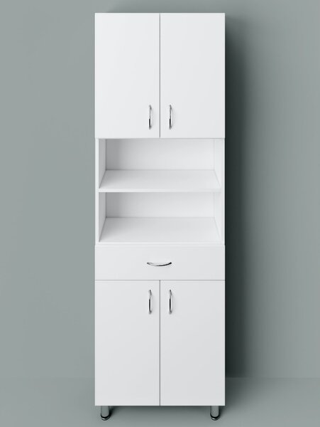 HD STANDARD 60 cm széles polcos álló fürdőszobai magas szekrény, fényes fehér, króm kiegészítőkkel, 4 ajtóval és 1 fiókkal