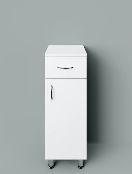 STANDARD 30 cm széles polcos fürdőszobai kiegészítő alsó szekrény, fényes fehér, króm kiegészítőkkel, 1 ajtóval és 1 fiókkal