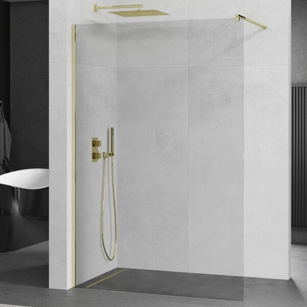 Mexen Kioto Gold Walk-In Nano univerzális zuhanyfal 8 mm vastag vízlepergető biztonsági üveggel, 200 cm magas, arany profillal és távtartóval