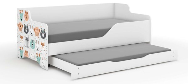 LILU babaágy laminált előlappal, 160x80 cm-es matraccal és 140x70 cm-es matraccal, ágyneműtartóval - erdei állatok