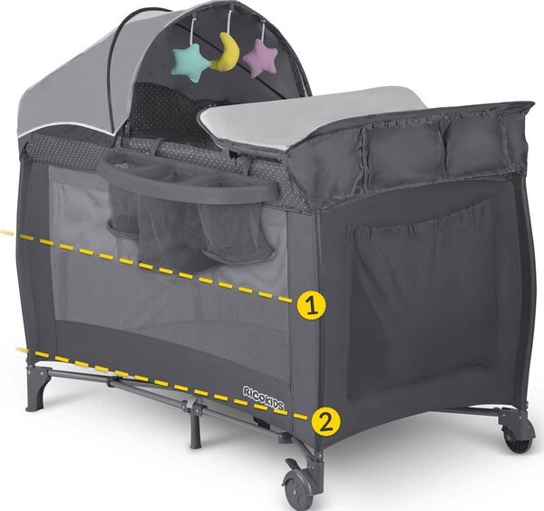 Ricokids állítható fekvőmagasságú prémium Utazóágy kiegészítőkkel és kupolával, 125x78x65, 15kg - Sötétszürke