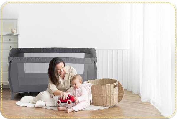 Ricokids állítható fekvőmagasságú prémium Utazóágy kiegészítőkkel és kupolával, 125x78x65, 15kg - Sötétszürke