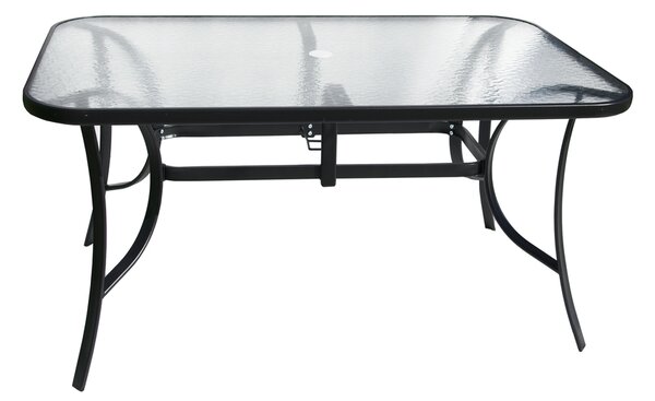 ROJAPLAST XT1012T fém kerti üvegasztal napernyőlyukkal, 150x90x72cm - átlátszó