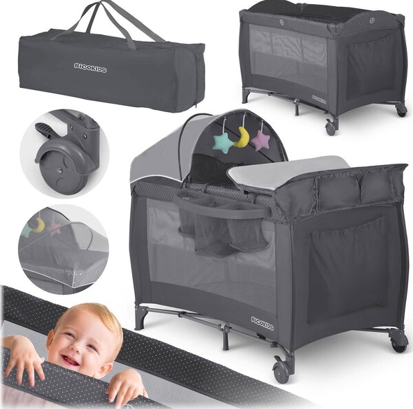 Ricokids állítható fekvőmagasságú prémium Utazóágy kiegészítőkkel és kupolával, 125x78x65, 15kg - Sötétszürke