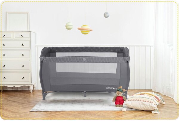 Ricokids állítható fekvőmagasságú prémium Utazóágy kiegészítőkkel és kupolával, 125x78x65, 15kg - Sötétszürke