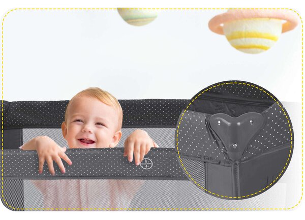 Ricokids állítható fekvőmagasságú prémium Utazóágy kiegészítőkkel és kupolával, 125x78x65, 15kg - Sötétszürke