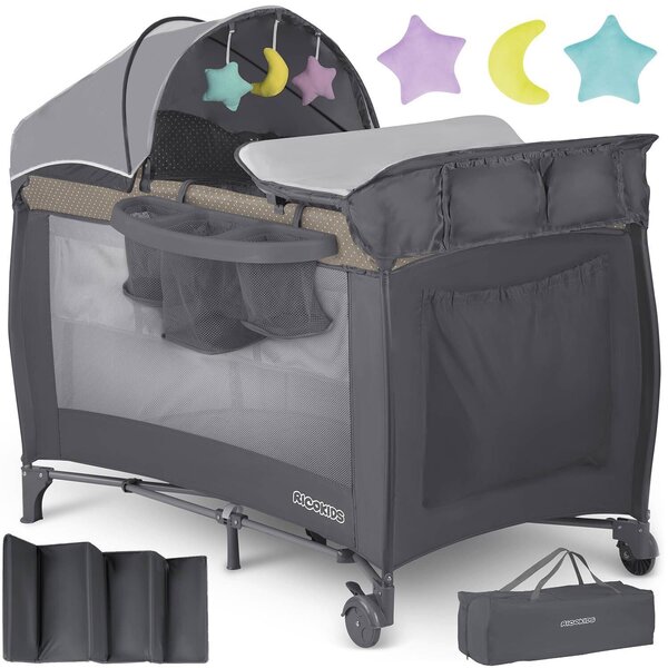 Ricokids állítható fekvőmagasságú prémium Utazóágy kiegészítőkkel és kupolával, 125x78x65, 15kg - Sötétszürke