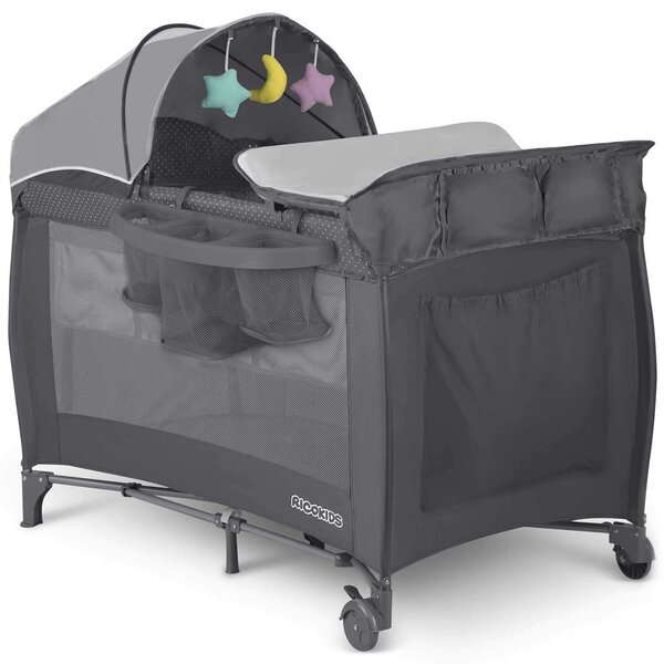 Ricokids állítható fekvőmagasságú prémium Utazóágy kiegészítőkkel és kupolával, 125x78x65, 15kg - Sötétszürke
