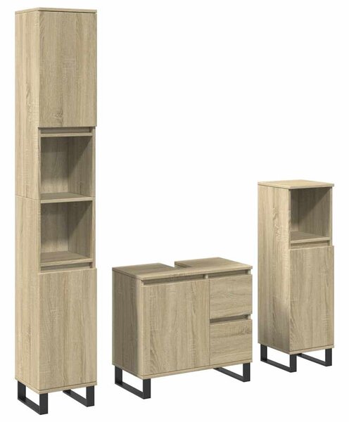 3 részes sonoma tölgyszínű szerelt fa fürdőszobai bútorszett