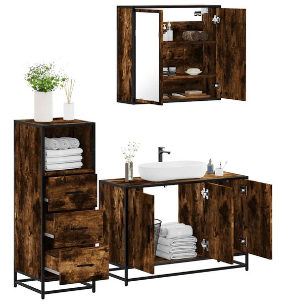 3 részes füstös tölgy színű szerelt fa fürdőszobai bútorszett
