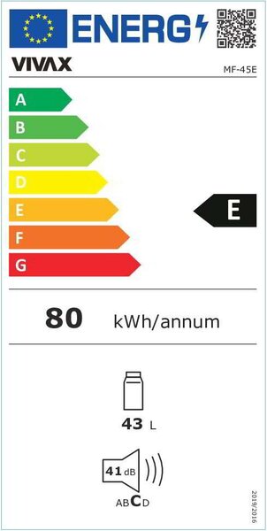 Vivax mf-45 hűtőszekrény, minibár, hűtő nettó 41l, fagyasztó nettó 4l, polcok száma 2, MF-45