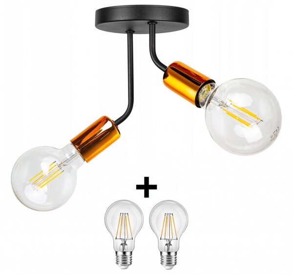 Glimex Louis fix mennyezeti lámpa fekete réz/króm 2x E27 + ajándék LED izzók