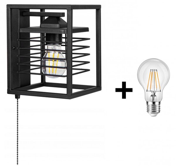 Glimex CAGE rácsos fali lámpa kapcsolóval fekete 1x E27 + ajándék LED izzó