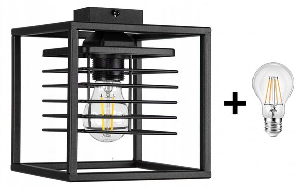 Glimex CAGE rácsos fix mennyezeti lámpa fekete 1x E27 + ajándék LED izzó