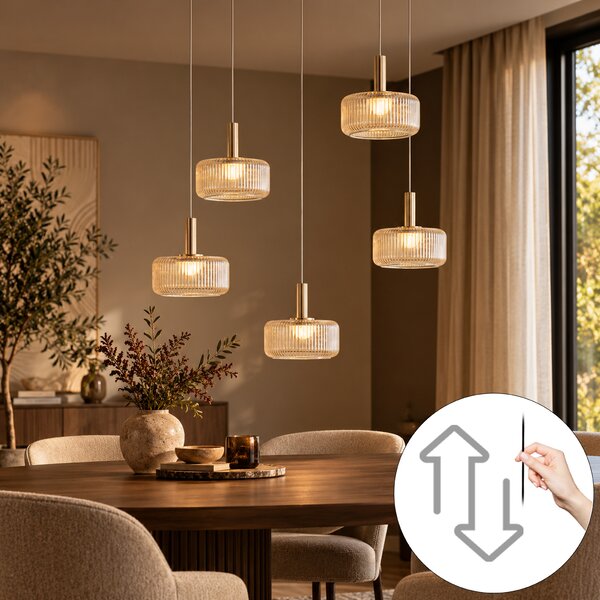Design függőlámpa rozéarany borostyánszínű üveggel, LED-del, 3 fokozatban szabályozható, 5 égős Easylift - Fiera