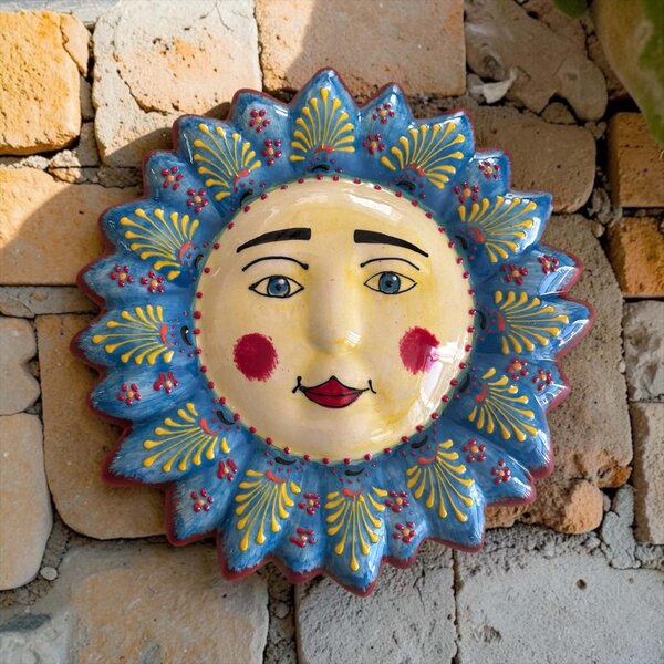 Sol de Azul kézzel festett spanyol kerámia nap fali dísz – 27 cm – a kék-sárga, virágos változat