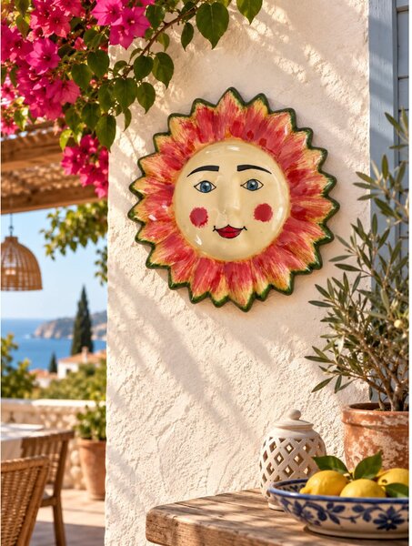 Sol de Coral kézzel festett spanyol kerámia nap fali dísz – 27 cm – a korall-vörös, zöld szegélyes változat