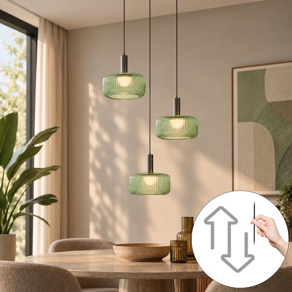 Design függőlámpa antracit zöld üveggel, LED-del, 3 fokozatban szabályozható, 3 fényforrású Easylift - Fiera